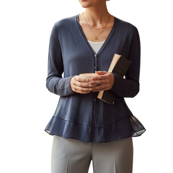 Nic+Zoe Silk Blend Cardigan Womens M Navy Button Front Chiffon Hem Layering - Picture 1 of 16